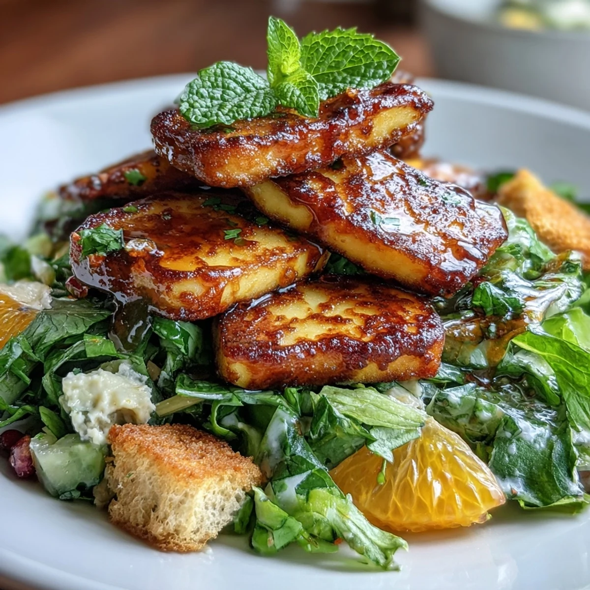 Crispy sourdough croutons and bright salad greens tossed in a zesty sumac dressing for Halloumi Blood Orange Fattoush.