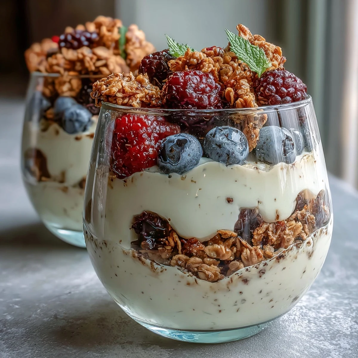 Chilled Hojicha Panna Cotta Parfait layered with granola and fresh berries in a glass.