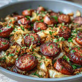 Savory cabbage and sausage skillet with caramelized onions, sliced carrots, and a hint of caraway seeds for a comforting meal.