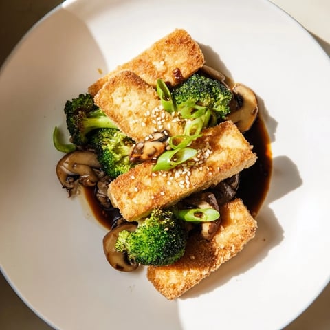 Golden-crisped sautéed tofu steaks sit next to vibrant broccoli and shiitake mushrooms, ready to eat.