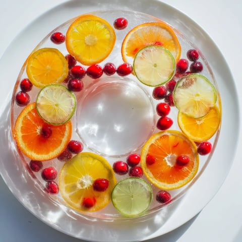 Vibrant Quick Holiday Punch with Ice Ring, showcasing floating citrus fruits and cranberries, chilled and ready.