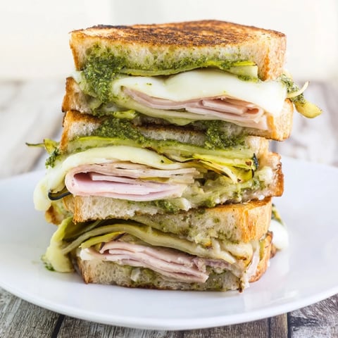 Golden-brown Pesto Turkey Zucchini Grilled Cheese Stacks, oozing cheese, perfect for a cozy lunch.