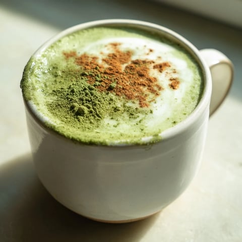 Steaming mug of Cinnamon Maple Oat Milk Matcha Latte, garnished with cinnamon, ready to enjoy.