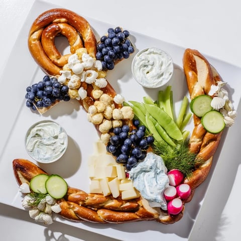 A vibrant Anchor Maritime Board features fresh cheese, fruits, and rope-like pretzels, perfect for summer.