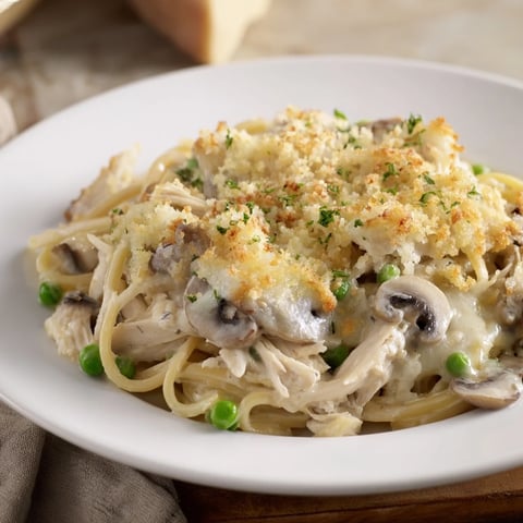 Golden-brown Turkey Tetrazzini casserole bubbles with creamy sauce and cheesy topping, a savory comfort food.