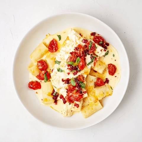Creamy baked feta pasta with bursts of cranberries, a vibrant and cozy main dish.