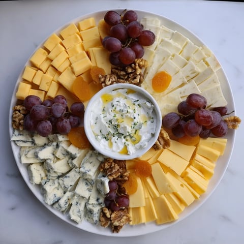 The Celtic Cross Cheese Platter features vibrant cheeses and fruit around a central, creamy dip, ready to enjoy.