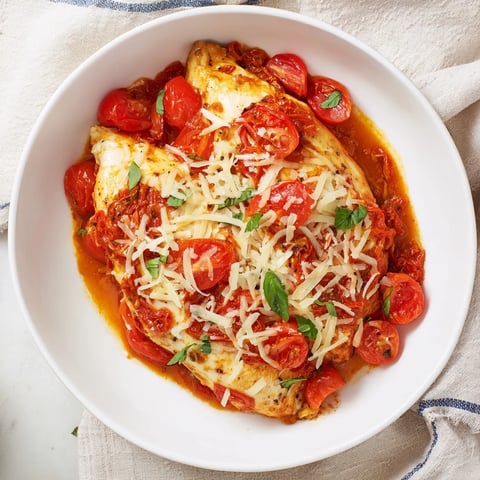 Golden-brown Marry Me Chicken, tender in creamy, sun-dried tomato sauce, dusted with Parmesan snow.