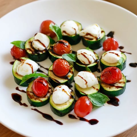 Zesty Zucchini Caprese Bites: a vibrant plate of baked zucchini, mozzarella, and tomatoes, drizzled balsamic.
