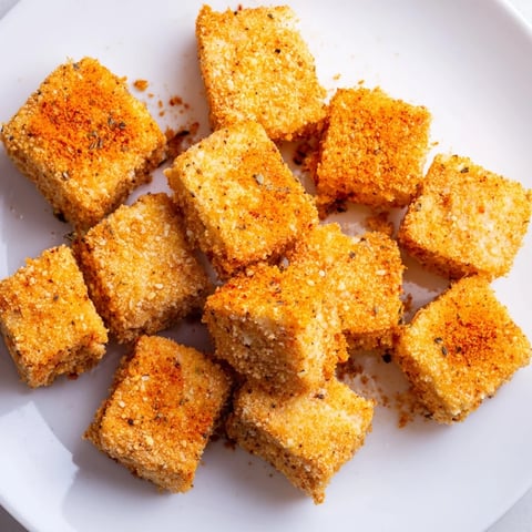 Golden, crispy Popcorn Tofu Bites ready to dip into creamy sauce, a perfect vegan snack.