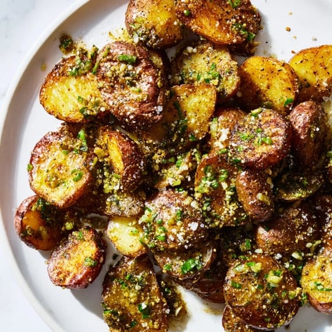 Golden-brown Smashed Green Onion Potato Bombs, crispy edges, speckled with flaky sea salt and fresh herbs.