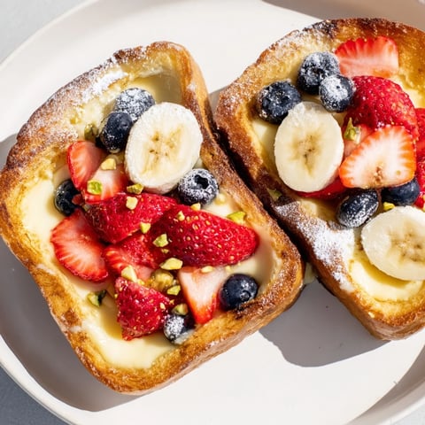 Golden-brown Viral Yogurt Toast, brimming with a creamy yogurt filling and ripe, colorful fruit toppings.