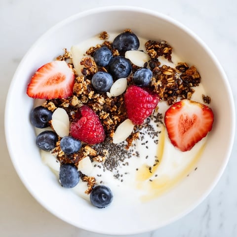 Creamy Dry Yogurt Bowl with fresh berries and crunchy granola ready for a delicious breakfast.