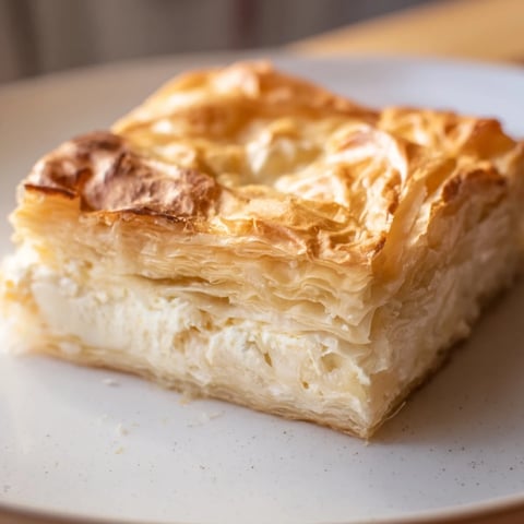 Golden and layered Serbian Gibanica pie, a flaky Balkan cheese pastry ready to be enjoyed.