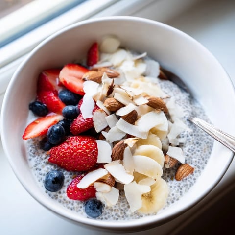 Creamy chia seed pudding layered with fresh berries and banana slices in a glass.