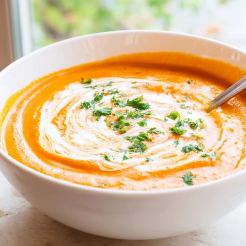 Garnished with parsley and a cream swirl, this vibrant orange Carrot-Based Creamy Soup steams in a white bowl.