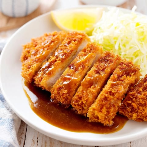 Crispy golden Chicken Katsu cutlet served with tangy tonkatsu sauce and shredded cabbage on a plate.  