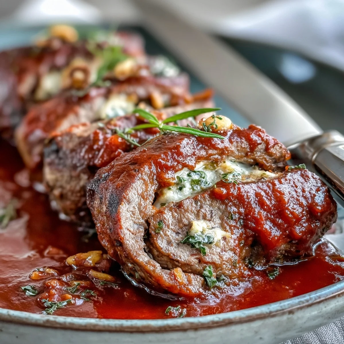 Golden-brown Sicilian-Style Braciole rolls resting in a simmering rich tomato sauce, garnished with fresh basil leaves.
