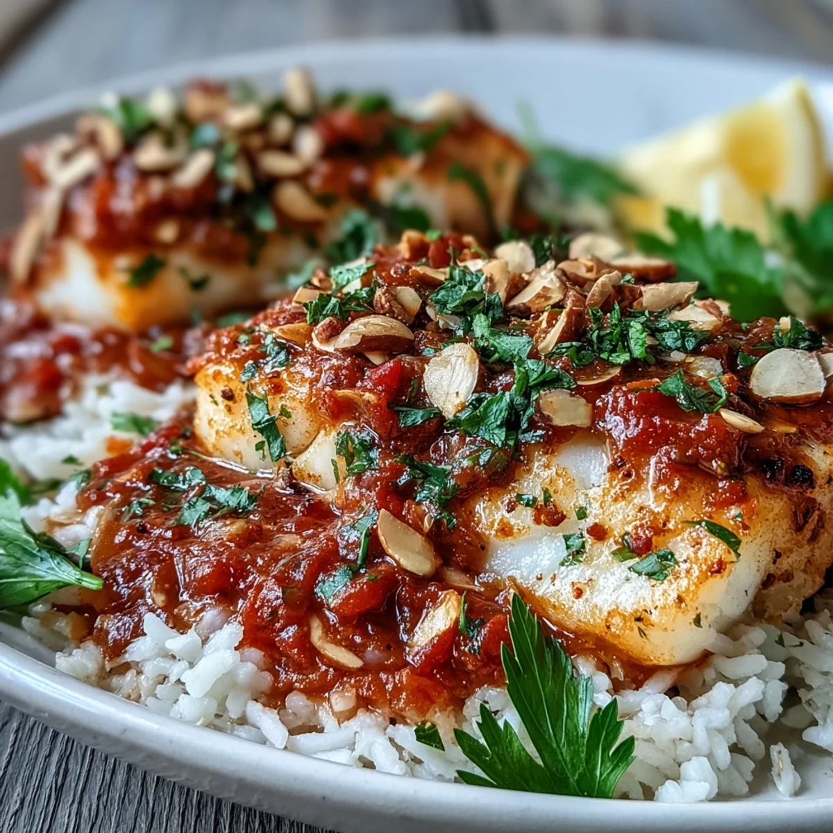 Golden-baked tomato-roasted cod fillets sit atop fluffy ginger rice, garnished with crunchy spiced almonds and fresh parsley.