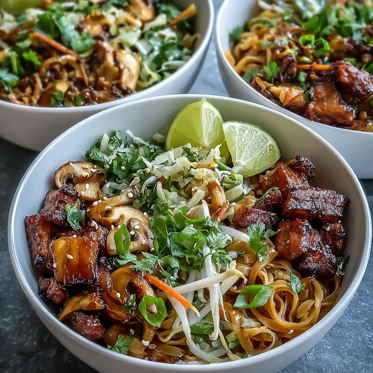 Crisp pork and fresh herbs crown these vibrant Potsticker Noodle Bowls. 