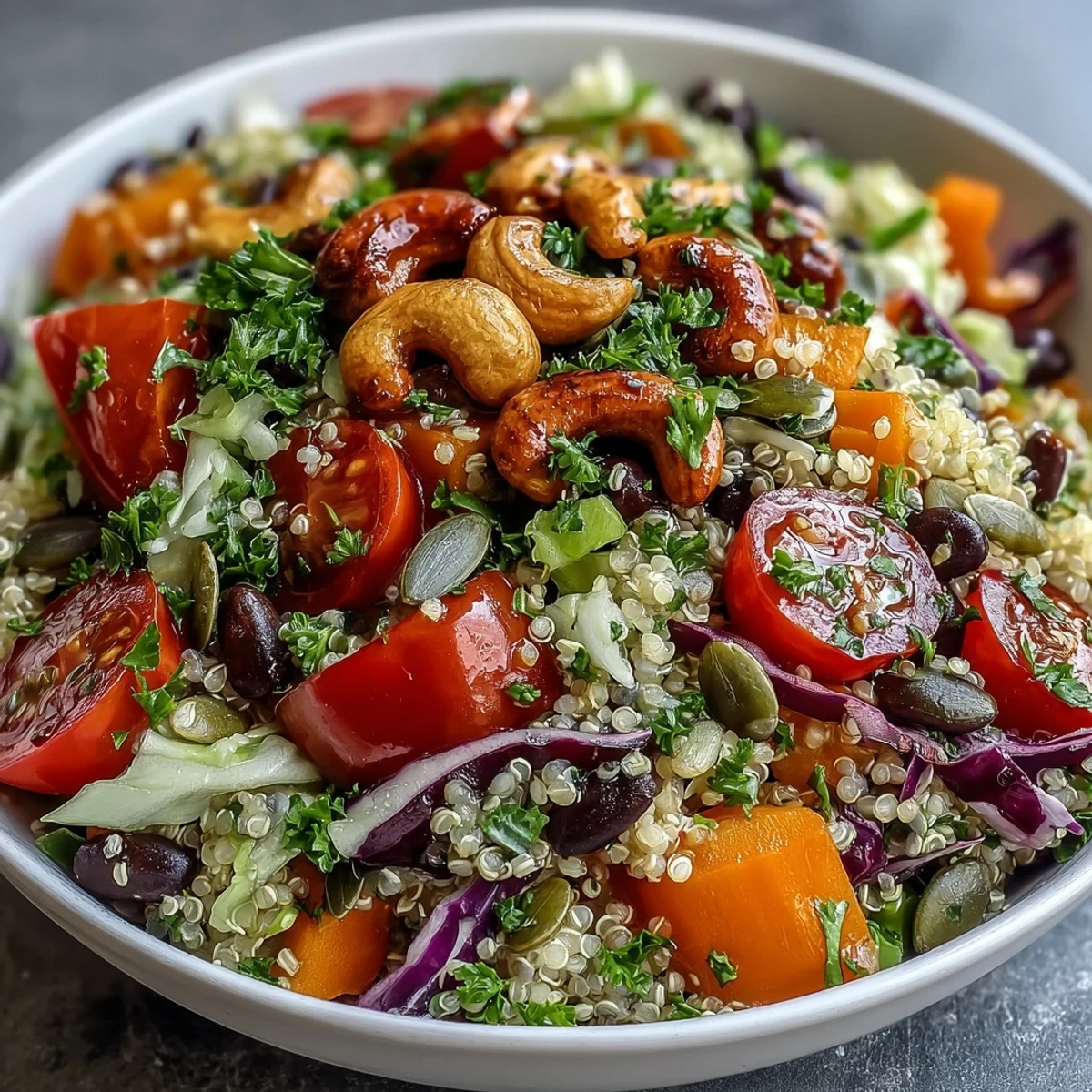 Freshly prepared Rainbow Salad Bowl layered with quinoa, chickpeas, crunchy vegetables, and seeds, drizzled with lemon dressing and garnished with parsley.
