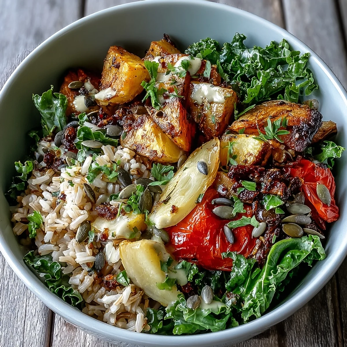 Warm salad bowl with roasted sweet potato, red onion, and wilted spinach topped with crumbled feta.