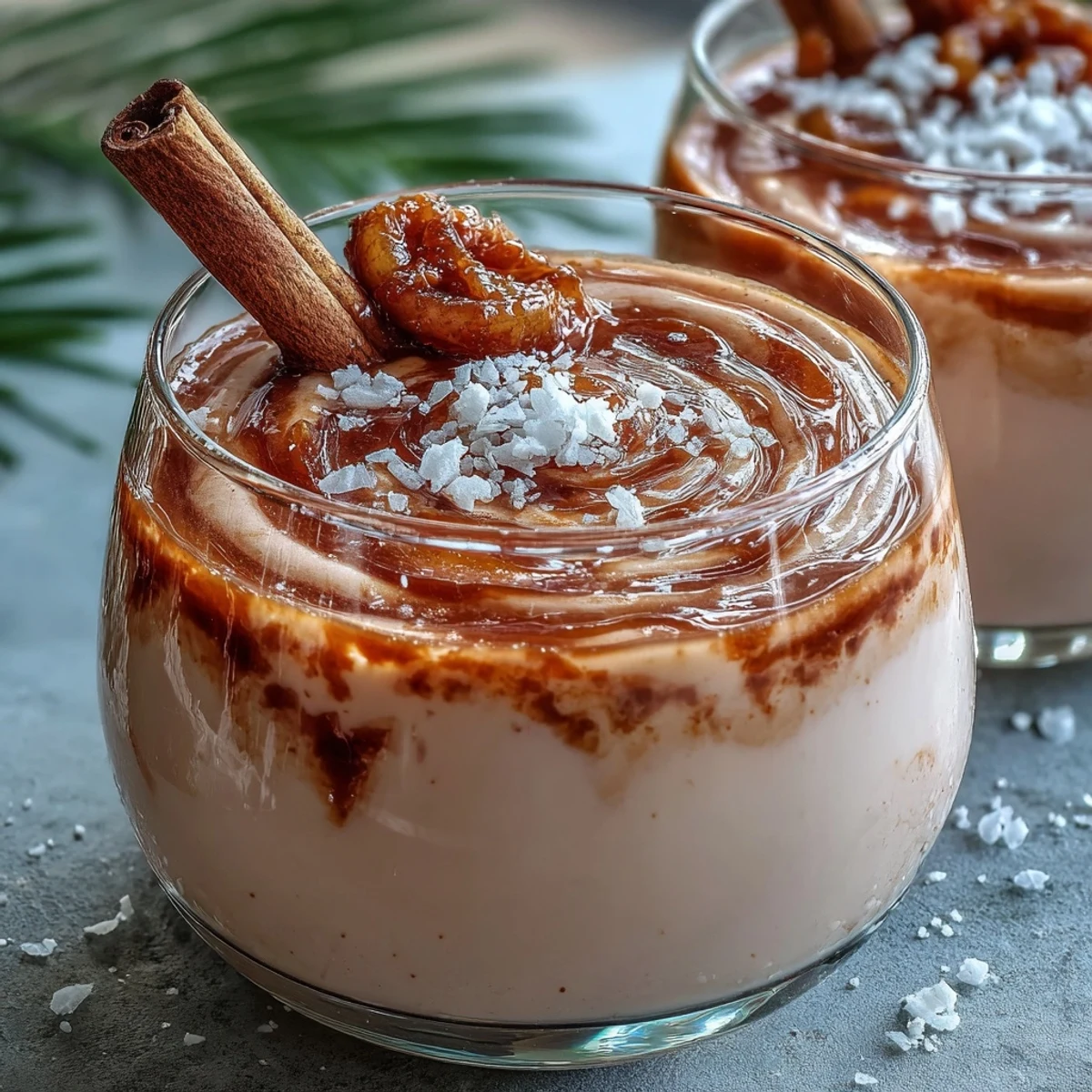 Creamy Guava Coquito with cinnamon garnish in small glass, a festive Puerto Rican holiday drink.