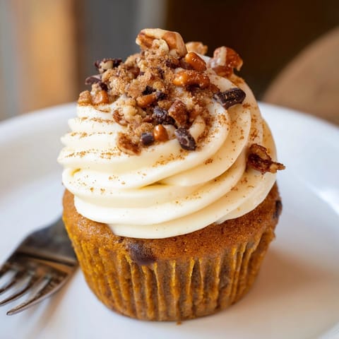 Close-up of a moist Chaos Cake Pumpkin Spice Disaster Cupcake with cream cheese frosting.