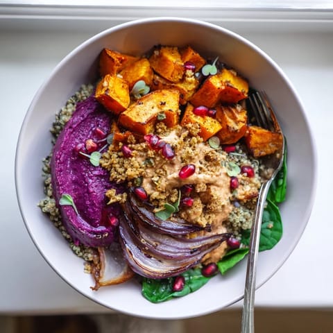 Nutrient-dense spiced winter bowls topped with pistachio-maple crumble and fresh greens.  
