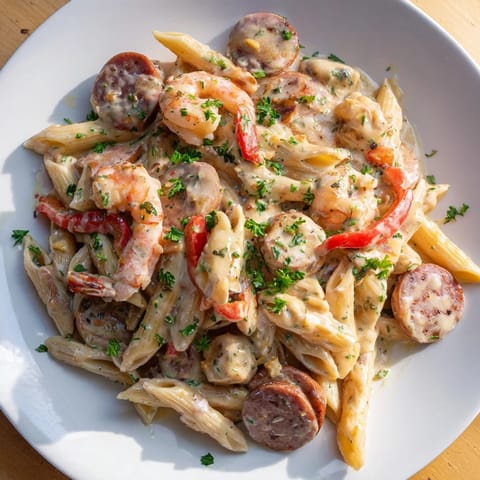 The vibrant Cajun Sausage & Shrimp Alfredo Pasta Skillet features perfectly cooked shrimp and savory sausage in a creamy sauce.