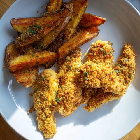 Crispy, herb-crusted herbed chicken tenders paired with perfectly baked potato wedges for dinner.