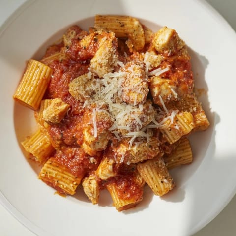 A close-up shot of hot, delicious Baked Chicken Parmesan Pasta, featuring golden cheese and tender chicken.