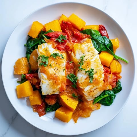 This baked cod recipe features tender fish with vibrant roasted squash and a delicious sauce.