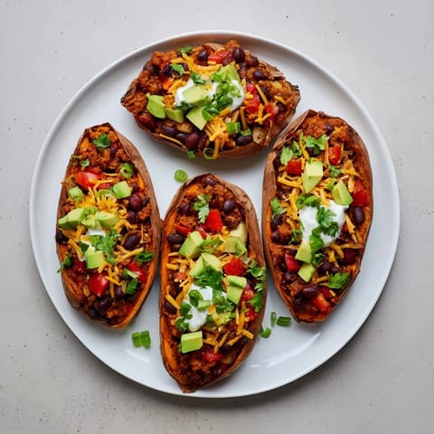 Golden-baked sweet potatoes overflow with savory chili in these delicious, hearty Chili Boats.