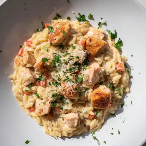 This image shows a steaming One-Pot Cajun Chicken Alfredo Orzo, topped with fresh parsley and Parmesan cheese.