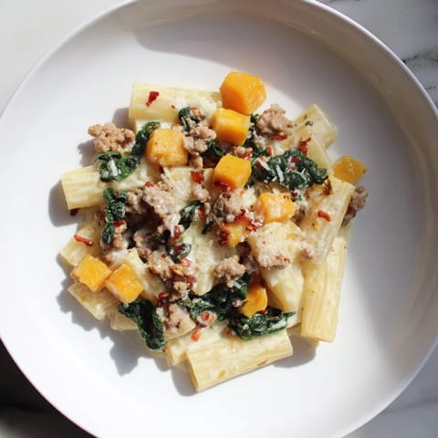 This hearty Creamy Rigatoni with Butternut Squash shows the rich sauce coating each rigatoni pasta piece.