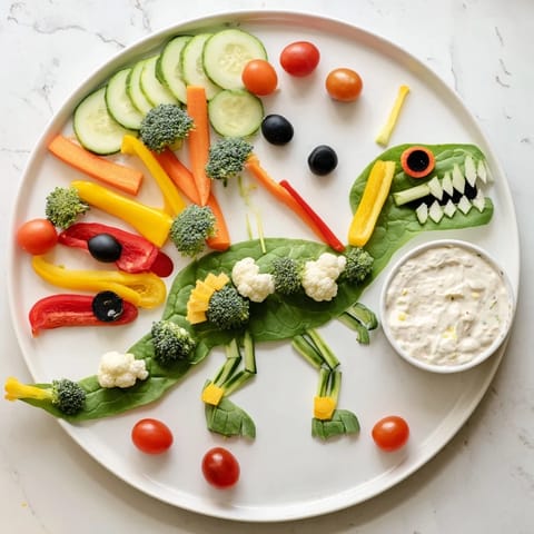 Vibrant T-Rex Fossil Crudités featuring carrot limbs, pepper ribs, and a creamy ranch dip for dipping.