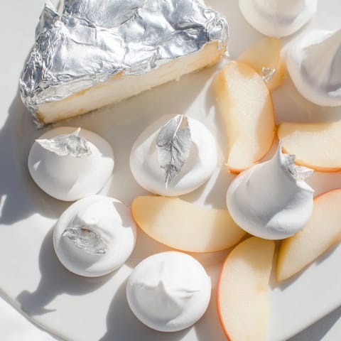 Imagine the Pearly Gates: A stunning white cheese board with glistening meringue and silver accents.