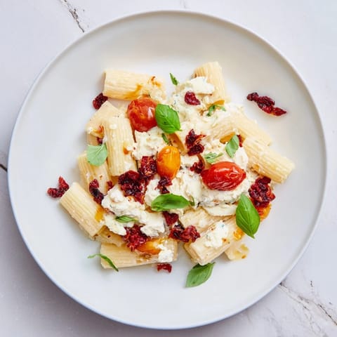 A close-up of baked feta pasta, showing the melted cheese and juicy cranberries.