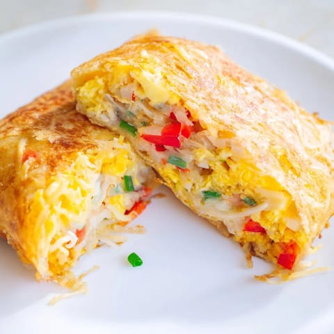 Quick and easy breakfast: See the delicious combination of a Rice Paper Egg Cheese Wrap, ready to eat!