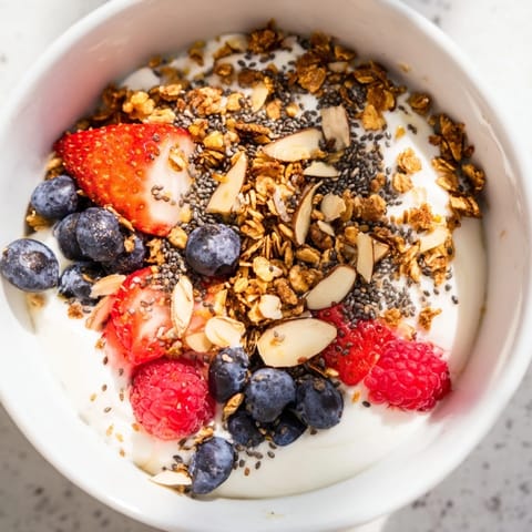 A visually appealing, layered Dry Yogurt Bowl featuring bright berries and a protein boost for quick mornings.