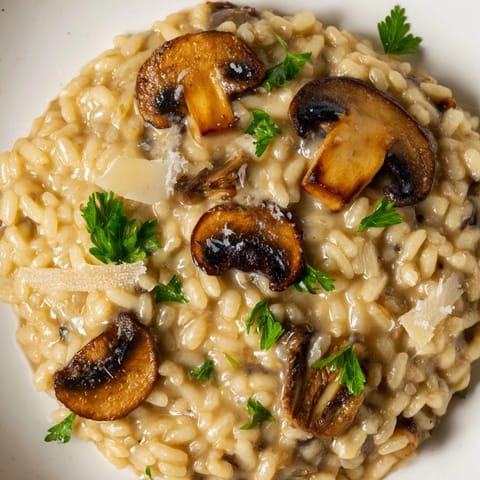 Golden roasted mushrooms mixed into creamy risotto, served hot with a side of crusty Italian bread.  