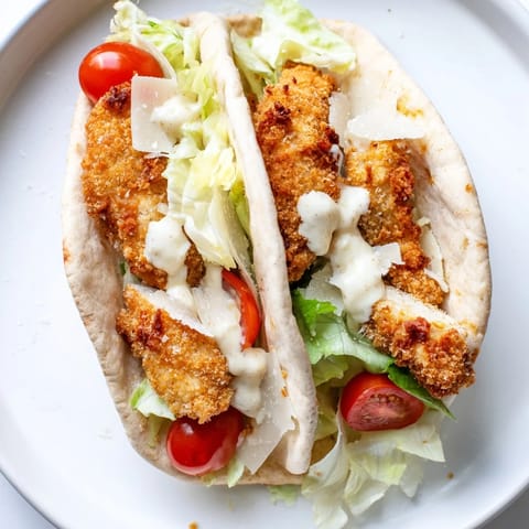 A handheld Crispy Chicken Caesar Pita filled with fresh romaine, cherry tomatoes, and extra drizzled dressing.  