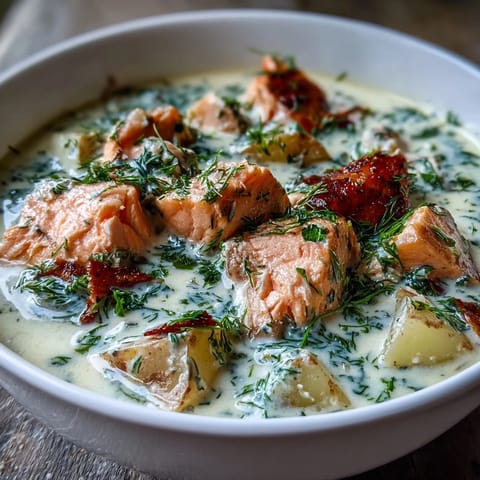 Creamy Finnish Salmon Soup with tender salmon, potatoes, and fresh dill served steaming in a rustic bowl.