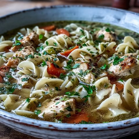 Spoon lifting hearty Chicken Noodle Soup, showcasing colorful vegetables and soft egg noodles in a comforting dinner serving.