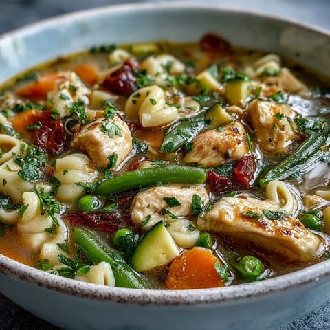Freshly ladled serving of Pasta Soup With Chicken and Vegetables, garnished with chopped parsley, paired with crusty bread for a comforting family dinner.