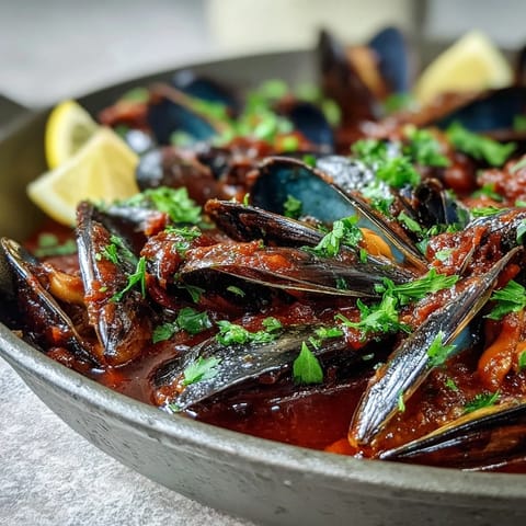 Steaming mussels in a deep skillet with a vibrant red tomato and smoked paprika sauce, ready to be enjoyed with crusty bread.  