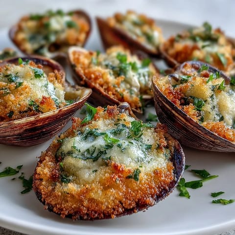 Golden roasted clams with lemony panko topping, served hot with lemon wedges and fresh parsley.