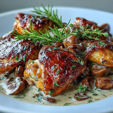 A close-up of Coq au Vin Rosé with pink, glossy sauce and fresh parsley garnish, perfect for an elegant weeknight meal.  