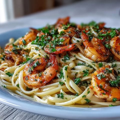 Shrimp Scampi With Linguine glistens with garlic butter sauce, garnished with parsley and lemon zest.  